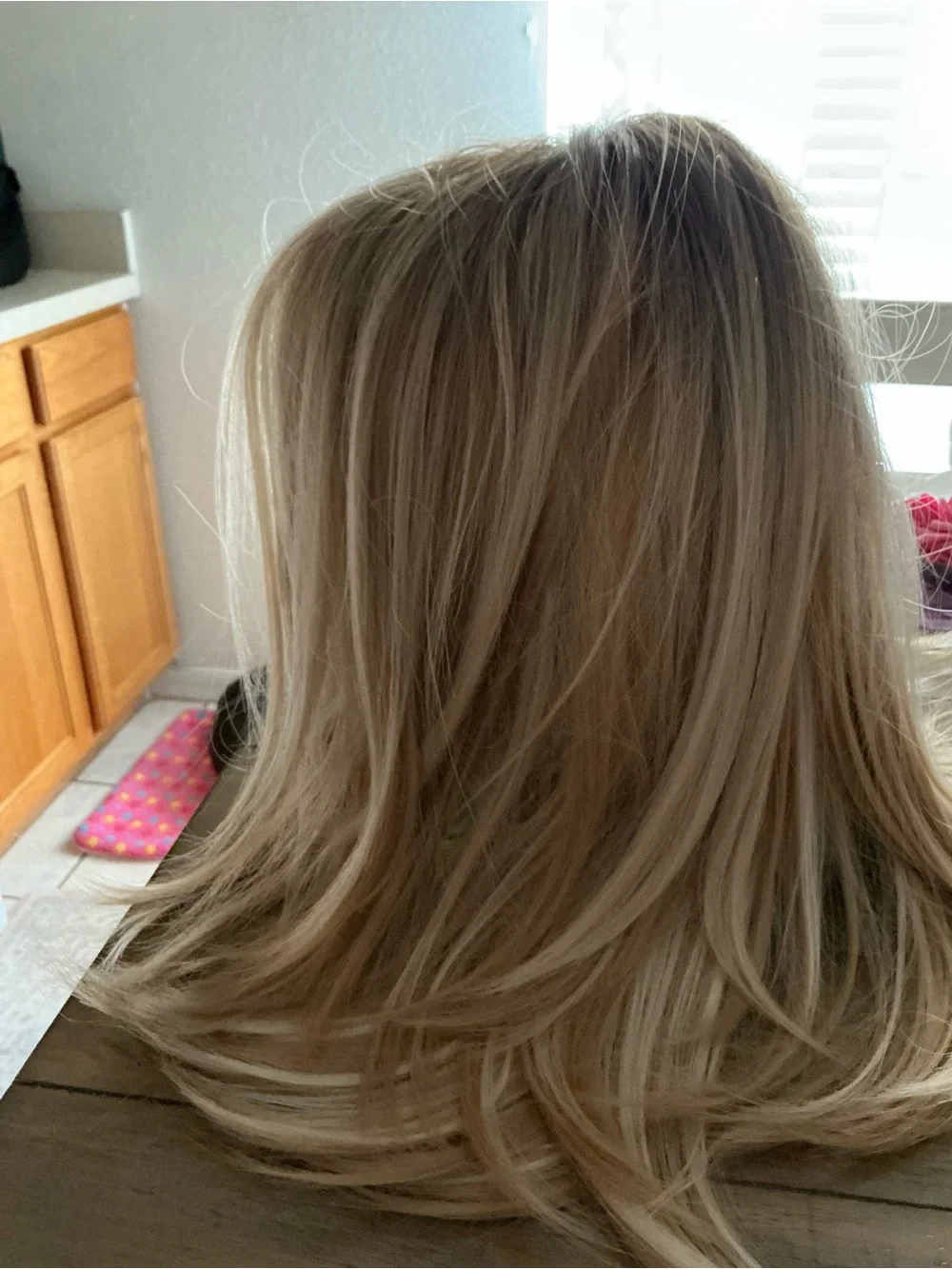 Women’s Blonde Layered Synthetic Hair Wig - Natural Blonde,highlights w/bangs.
